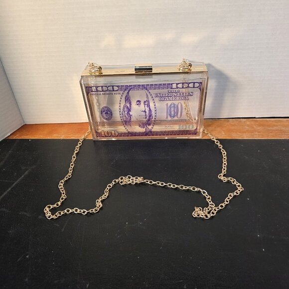 Novelty 100 Bill Purse Gold Chain Clear - Picture 9 of 9
